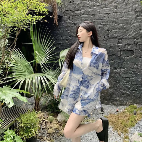 Summer Fashion Printed Shirt Wind Quality Elastic Waist Short Casual Two Piece Set CODE: KAR3079