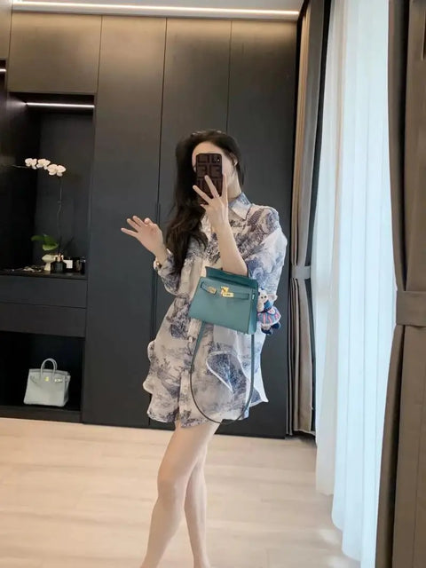 Summer Fashion Printed Shirt Wind Quality Elastic Waist Short Casual Two Piece Set CODE: KAR3079