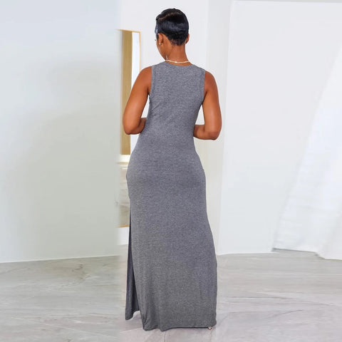 Sexy Slim Split Casual O-Neck Sleeveless Big Pocket Pencil Long Dress CODE: KAR3085