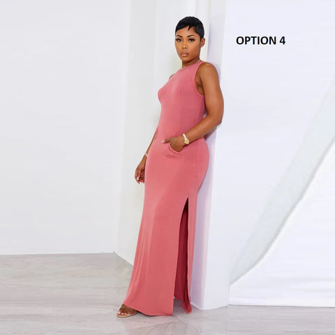 Sexy Slim Split Casual O-Neck Sleeveless Big Pocket Pencil Long Dress CODE: KAR3085
