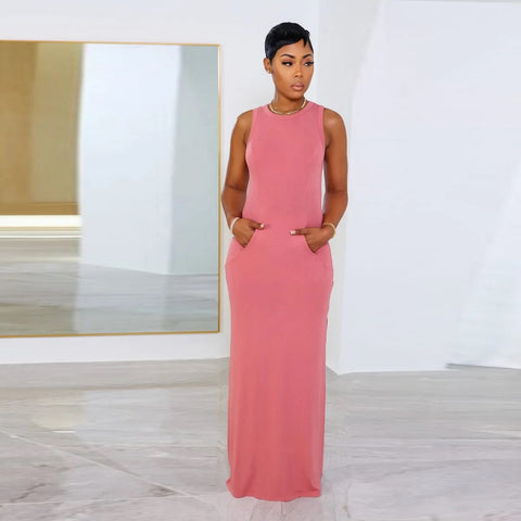 Sexy Slim Split Casual O-Neck Sleeveless Big Pocket Pencil Long Dress CODE: KAR3085