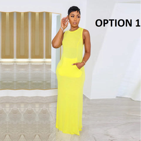 Sexy Slim Split Casual O-Neck Sleeveless Big Pocket Pencil Long Dress CODE: KAR3085