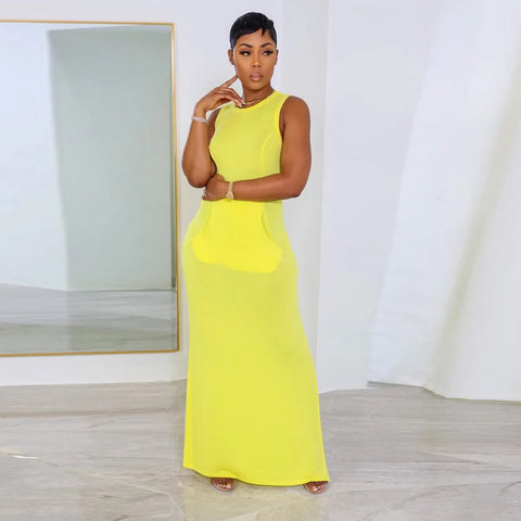 Sexy Slim Split Casual O-Neck Sleeveless Big Pocket Pencil Long Dress CODE: KAR3085