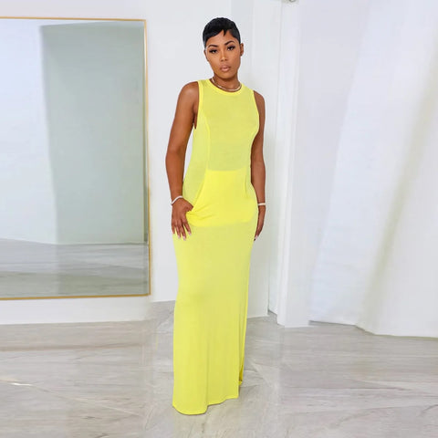 Sexy Slim Split Casual O-Neck Sleeveless Big Pocket Pencil Long Dress CODE: KAR3085