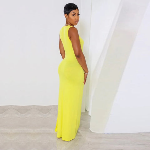 Sexy Slim Split Casual O-Neck Sleeveless Big Pocket Pencil Long Dress CODE: KAR3085
