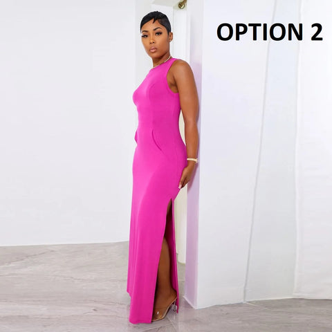 Sexy Slim Split Casual O-Neck Sleeveless Big Pocket Pencil Long Dress CODE: KAR3085