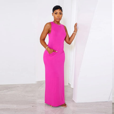 Sexy Slim Split Casual O-Neck Sleeveless Big Pocket Pencil Long Dress CODE: KAR3085