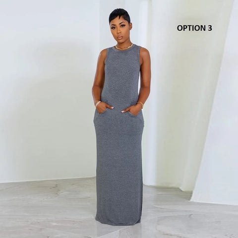 Sexy Slim Split Casual O-Neck Sleeveless Big Pocket Pencil Long Dress CODE: KAR3085