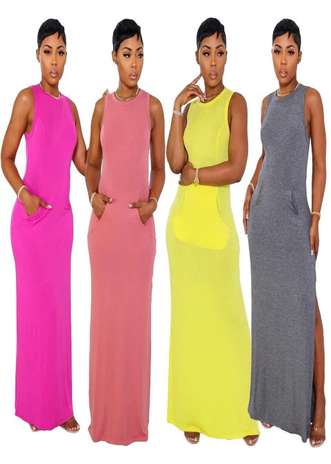 Sexy Slim Split Casual O-Neck Sleeveless Big Pocket Pencil Long Dress CODE: KAR3085