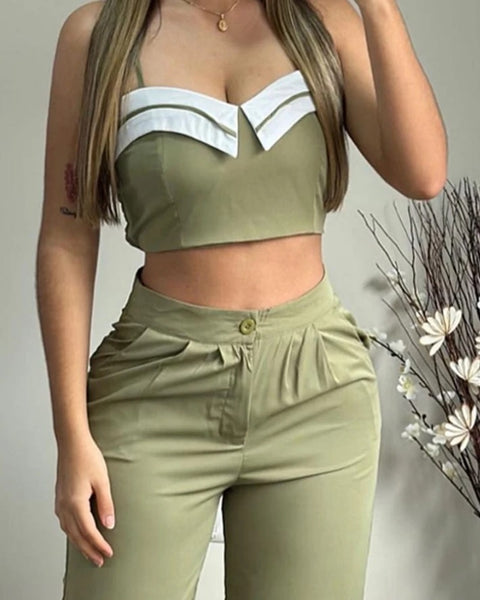 Elegant Casual Neck Spaghetti Strap Crop Cami Top and Ruched Pocket Design Pant Set CODE: KAR3086