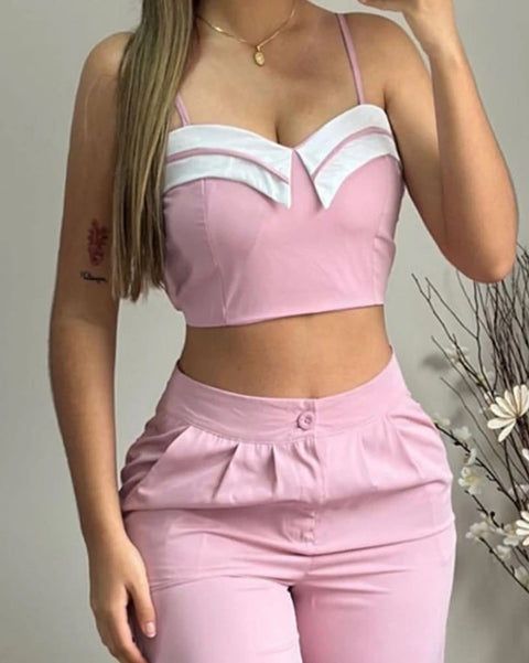 Elegant Casual Neck Spaghetti Strap Crop Cami Top and Ruched Pocket Design Pant Set CODE: KAR3086