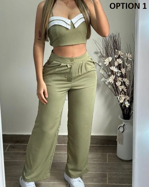 Elegant Casual Neck Spaghetti Strap Crop Cami Top and Ruched Pocket Design Pant Set CODE: KAR3086