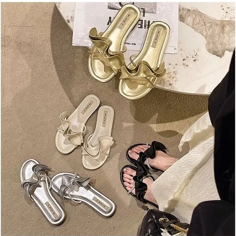 Summer Ruffled Edge Slides Rome Open-toe Flats CODE: KAR3087