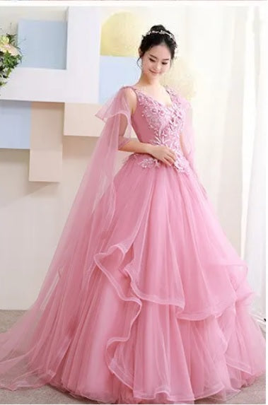 New V-neck Lace Applique Puffy Prom Fairy Illusion Elegant Tulle Ball Gown Dress CODE: KAR3090