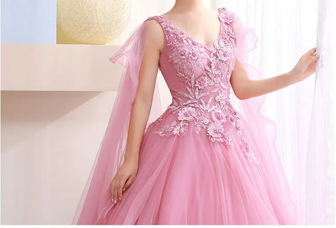 New V-neck Lace Applique Puffy Prom Fairy Illusion Elegant Tulle Ball Gown Dress CODE: KAR3090