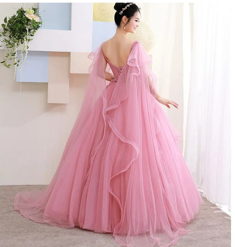 New V-neck Lace Applique Puffy Prom Fairy Illusion Elegant Tulle Ball Gown Dress CODE: KAR3090