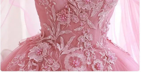 New V-neck Lace Applique Puffy Prom Fairy Illusion Elegant Tulle Ball Gown Dress CODE: KAR3090
