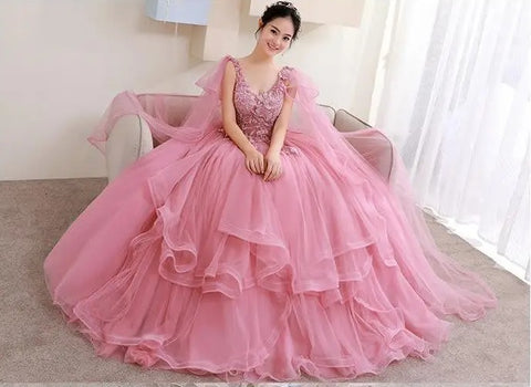 New V-neck Lace Applique Puffy Prom Fairy Illusion Elegant Tulle Ball Gown Dress CODE: KAR3090