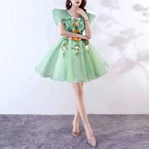 V-neck Simple Ruffles Design Short Evening Dress CODE: KAR3093