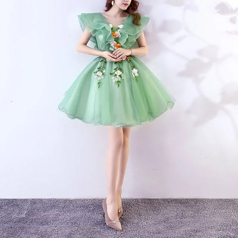 V-neck Simple Ruffles Design Short Evening Dress CODE: KAR3093