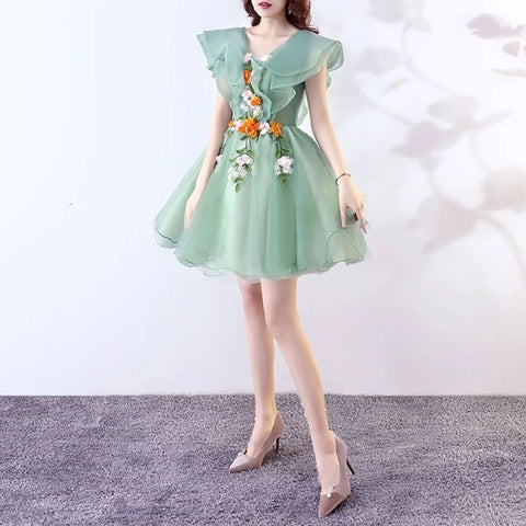 V-neck Simple Ruffles Design Short Evening Dress CODE: KAR3093