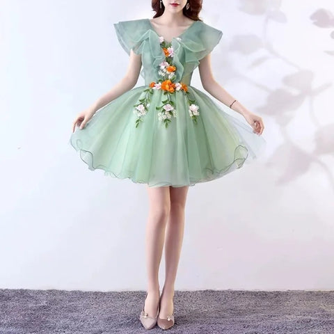 V-neck Simple Ruffles Design Short Evening Dress CODE: KAR3093