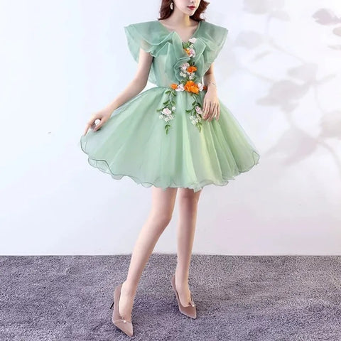 V-neck Simple Ruffles Design Short Evening Dress CODE: KAR3093