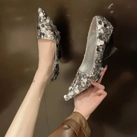 New Fashion Bling Sequin Pointed Toe Shallow Slip Nude High Wedges Heel CODE: KAR3096