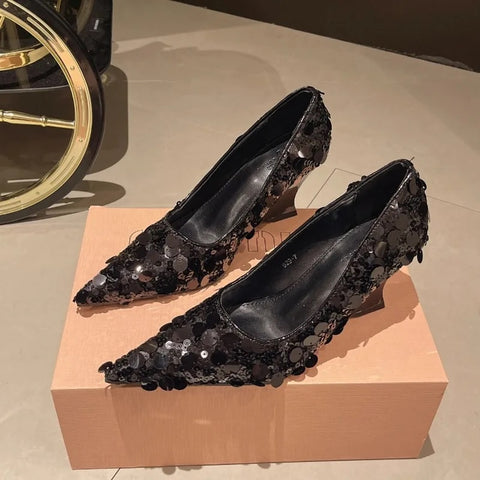 New Fashion Bling Sequin Pointed Toe Shallow Slip Nude High Wedges Heel CODE: KAR3096