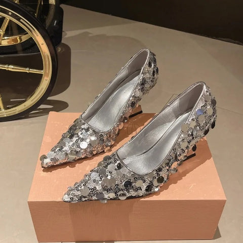 New Fashion Bling Sequin Pointed Toe Shallow Slip Nude High Wedges Heel CODE: KAR3096