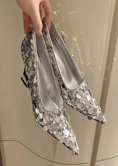 New Fashion Bling Sequin Pointed Toe Shallow Slip Nude High Wedges Heel CODE: KAR3096