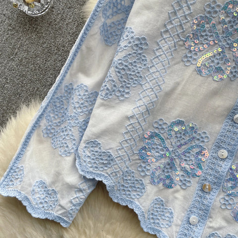 Sequins Long Sleeve Turn Down Collar Embroidery Shirts CODE: KAR3101