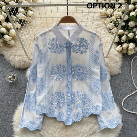 Sequins Long Sleeve Turn Down Collar Embroidery Shirts CODE: KAR3101