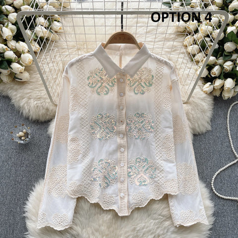 Sequins Long Sleeve Turn Down Collar Embroidery Shirts CODE: KAR3101