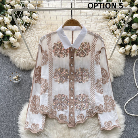 Sequins Long Sleeve Turn Down Collar Embroidery Shirts CODE: KAR3101