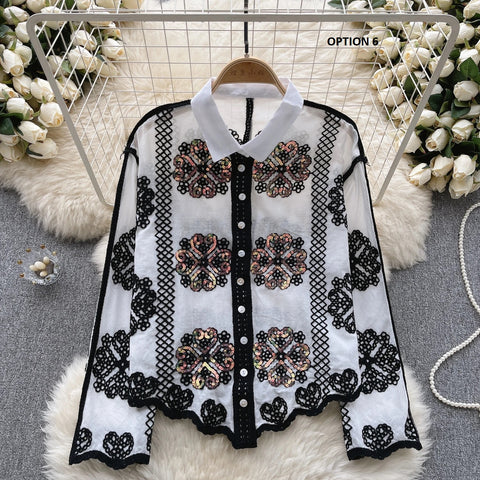 Sequins Long Sleeve Turn Down Collar Embroidery Shirts CODE: KAR3101