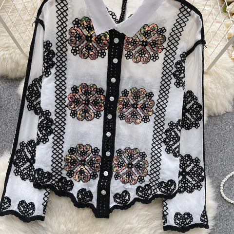 Sequins Long Sleeve Turn Down Collar Embroidery Shirts CODE: KAR3101