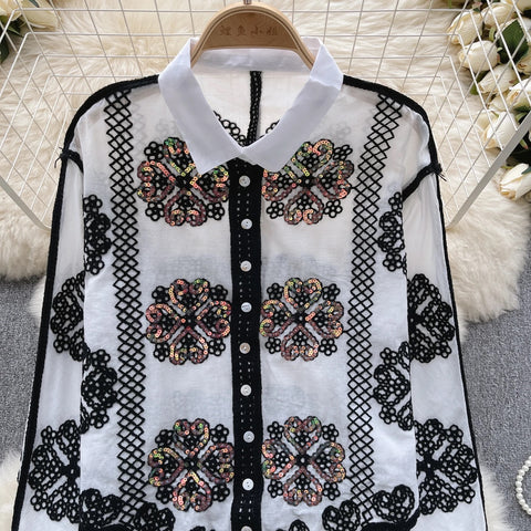 Sequins Long Sleeve Turn Down Collar Embroidery Shirts CODE: KAR3101