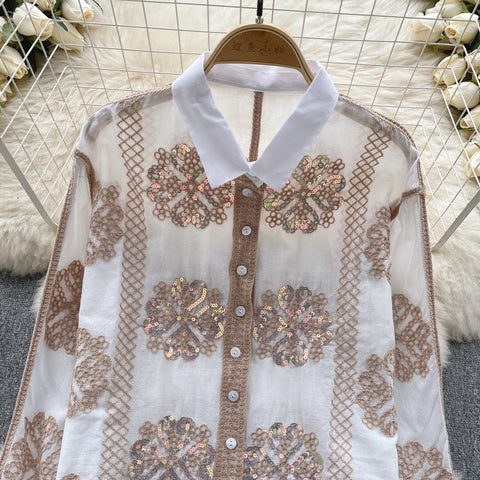 Sequins Long Sleeve Turn Down Collar Embroidery Shirts CODE: KAR3101