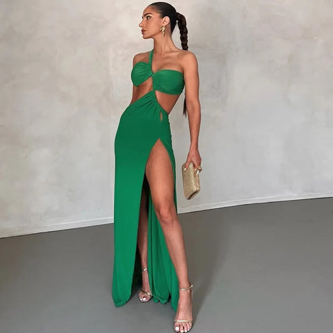 Sexy Cutout High Slit Backless Ruched One Shoulder Club Midi Bodycon Dress CODE: KAR3103