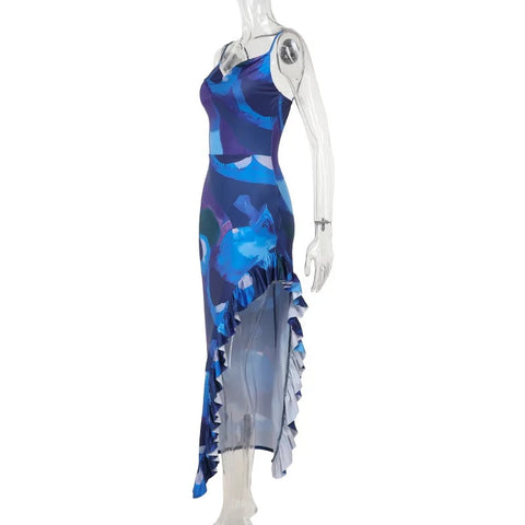Sexy Spaghetti Strap Ruffled Backless Print Slim Fit High Slit Maxi Dress CODE: KAR3105