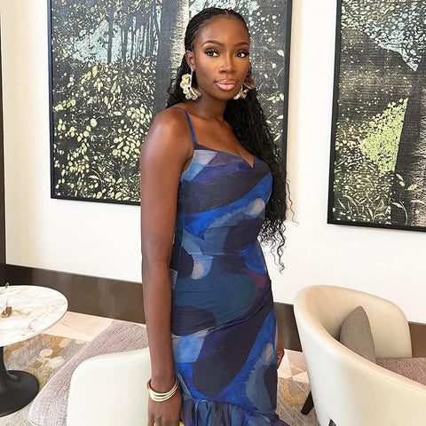 Sexy Spaghetti Strap Ruffled Backless Print Slim Fit High Slit Maxi Dress CODE: KAR3105