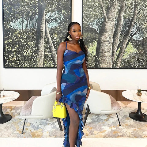 Sexy Spaghetti Strap Ruffled Backless Print Slim Fit High Slit Maxi Dress CODE: KAR3105
