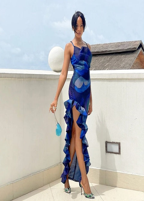 Sexy Spaghetti Strap Ruffled Backless Print Slim Fit High Slit Maxi Dress CODE: KAR3105