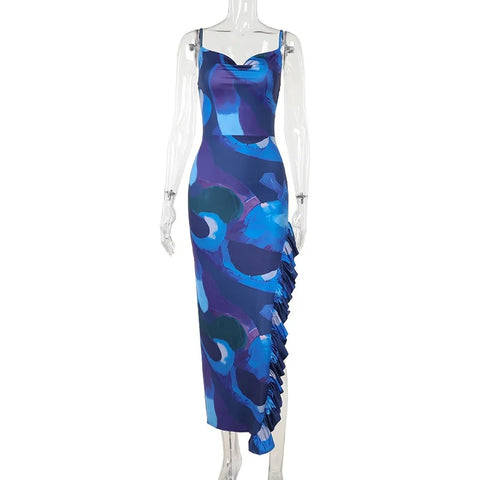 Sexy Spaghetti Strap Ruffled Backless Print Slim Fit High Slit Maxi Dress CODE: KAR3105