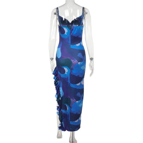 Sexy Spaghetti Strap Ruffled Backless Print Slim Fit High Slit Maxi Dress CODE: KAR3105