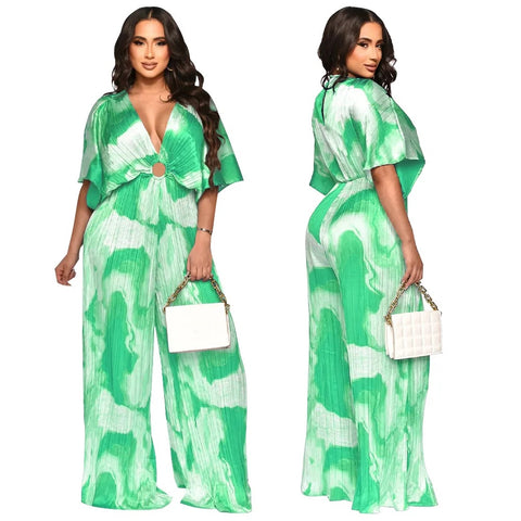 Summer Elegant V-neck One Piece Print Overall Pleated Bodycon Jumpsuits CODE: KAR3106
