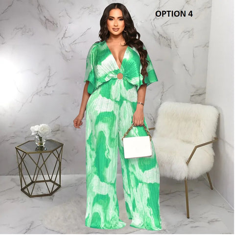 Summer Elegant V-neck One Piece Print Overall Pleated Bodycon Jumpsuits CODE: KAR3106