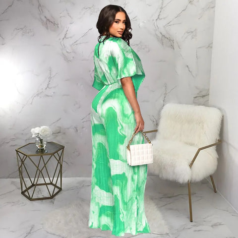 Summer Elegant V-neck One Piece Print Overall Pleated Bodycon Jumpsuits CODE: KAR3106