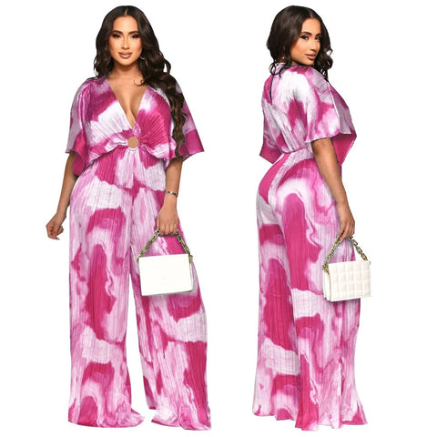 Summer Elegant V-neck One Piece Print Overall Pleated Bodycon Jumpsuits CODE: KAR3106